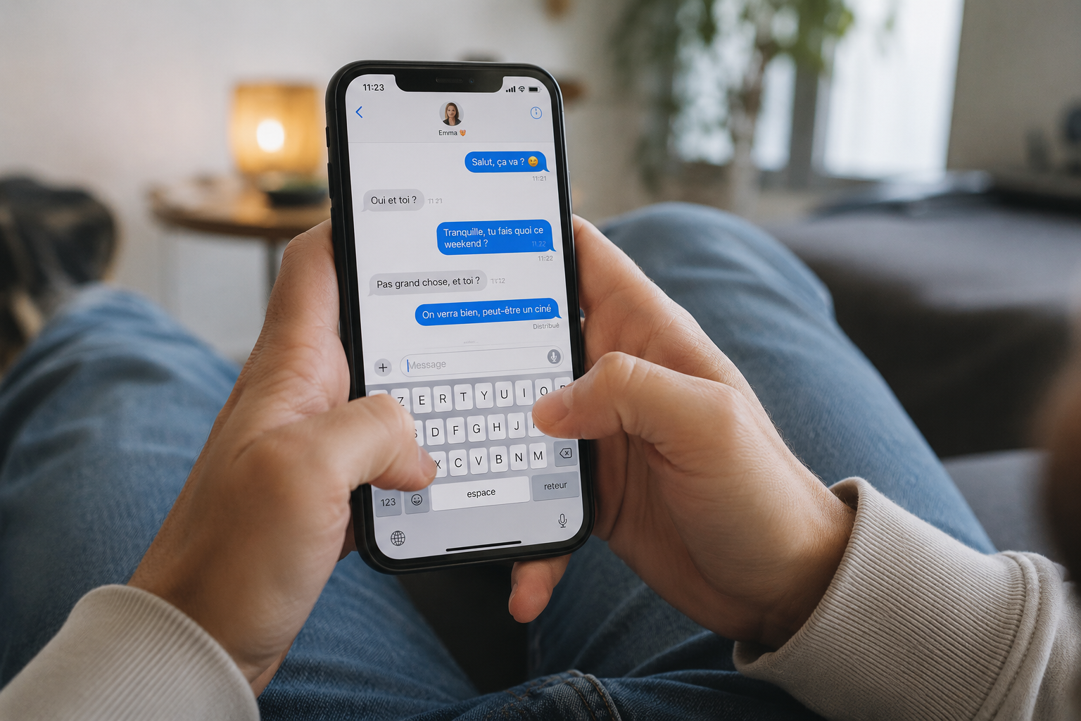 Personne en train d'envoyer un SMS sur son smartphone.