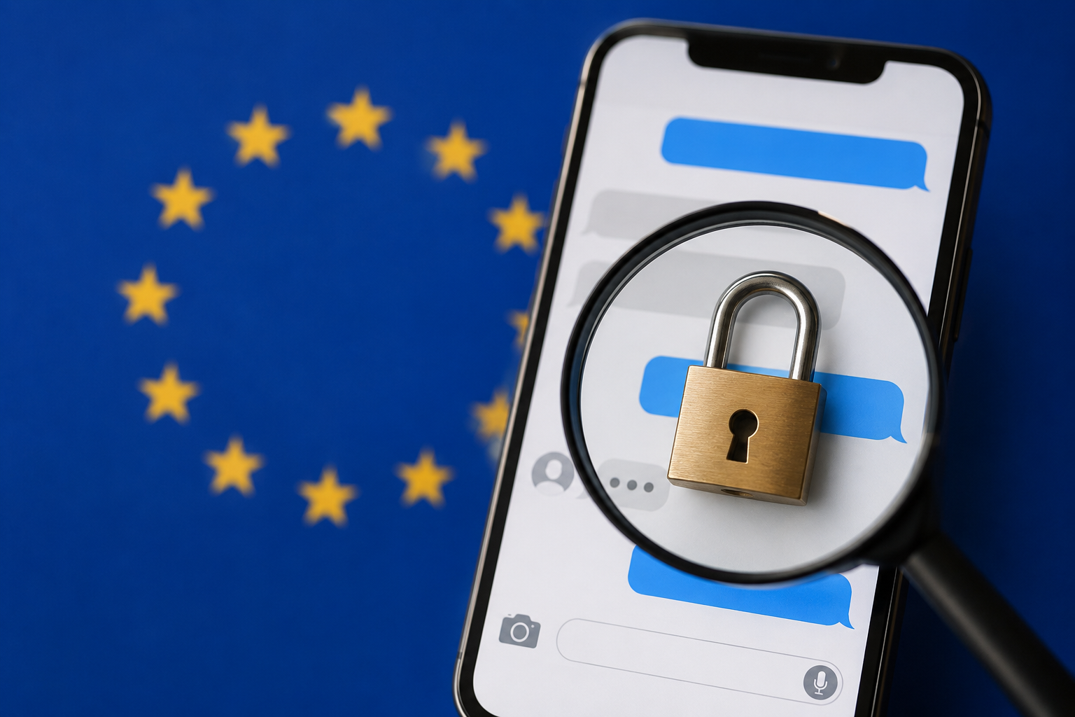 Smartphone avec cadenas sous une loupe.